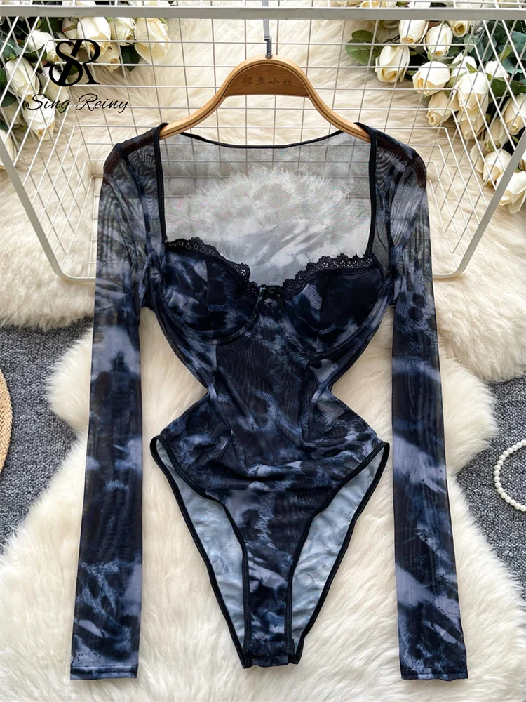 SINGREINY Ladies Print Mesh Lingerie Bodysuits 2025 Strap Lace Patchwork Slim Nightwear Fashion Vintage Sheer Sexy Playsuits