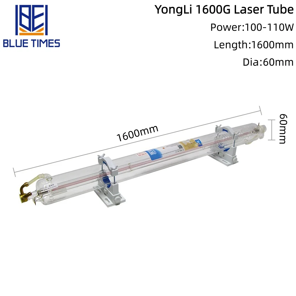 Bluetimes 100-110W CO2 Laser Tube YongLi Length 1600mm Dia.60mm Upgraded Metal Head Glass Pipe for CO2 Laser Machine