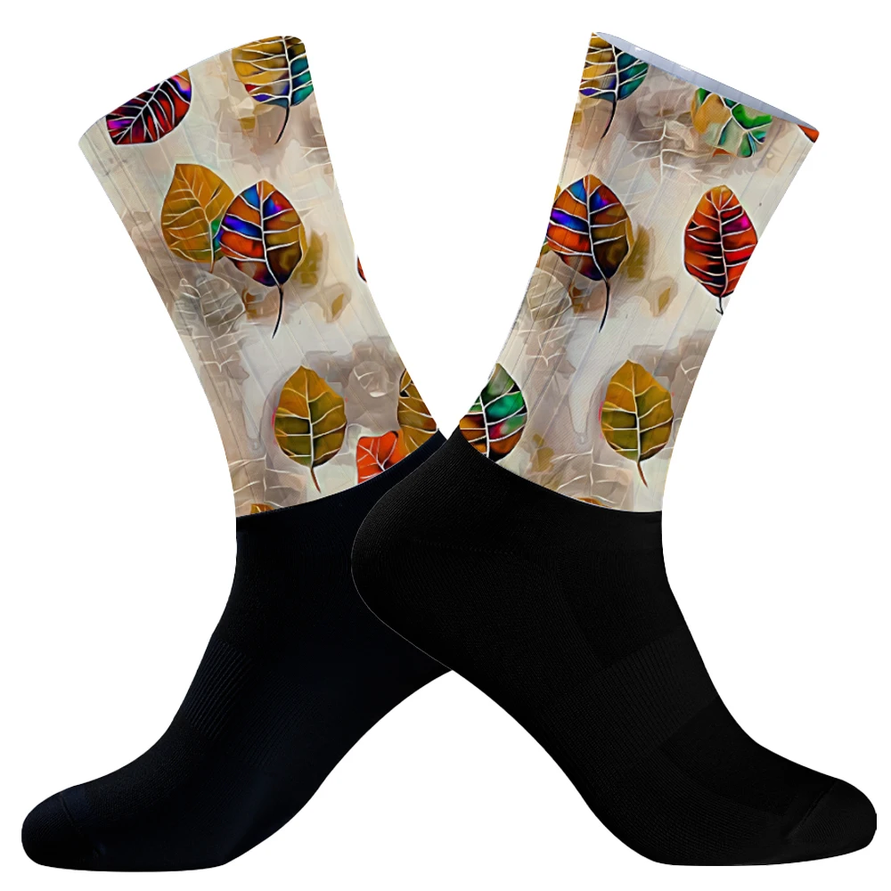 2024 Cycling socks Men Maple Leaves Socks Contrast Color Rainbow Larger Size Stripe Socks for Men