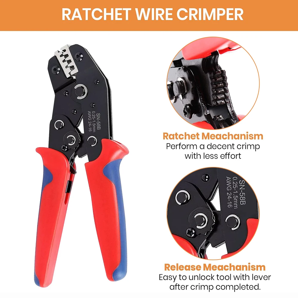 SN-58B Draht-Crimpzange, 0,25-1,5 mm², AWG24-16, nicht isolierte Ratschenklemmzange, Handwerkzeug für die Reparatur von Kfz-Verkabelungen – Detail 2