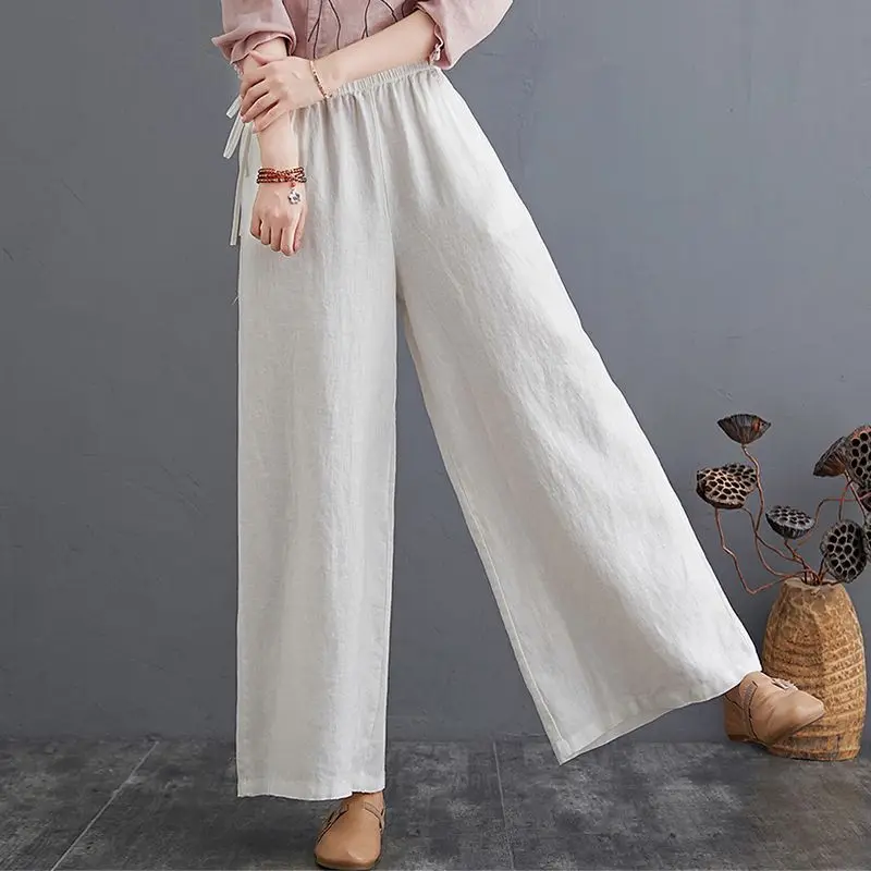 

Однотонные белые женские брюки из хлопка и льна, длинные рабочие тенденции, винтажная одежда 2025 года, новые повседневные осенние классические брюки для женщин