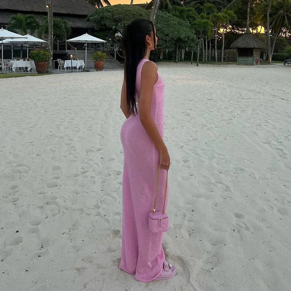 2024 Knitted Sexy See Through Summer Dress Bikinis Cover-ups Beach Cover Up Sleeveless Maxi Bodycon Dress Slim Beachwear