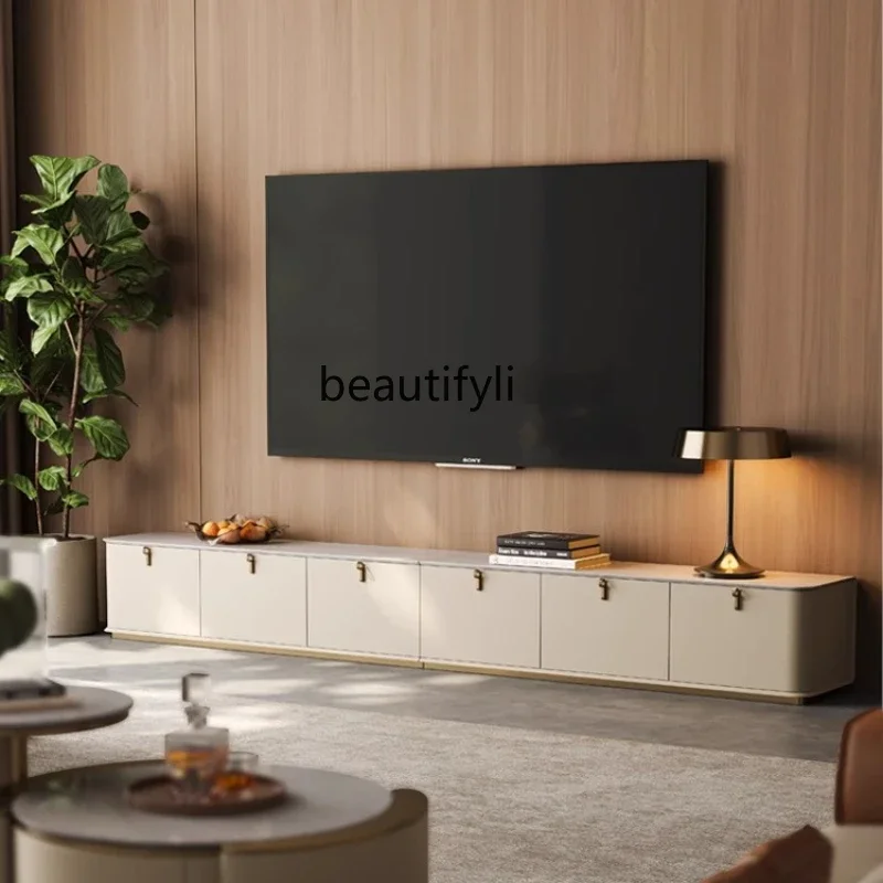

A57 Light luxury natural marble TV cabinet coffee table set household living room super long villa floor cabinet