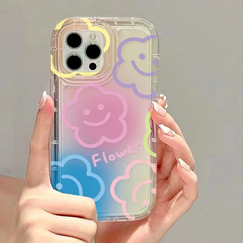 

Transparent Soft Adhesive Phone Case, Colorful Flower Smiley for iPhone 16, 15, 14Pro Max, 13, 12Pro, 11, Proof Fall