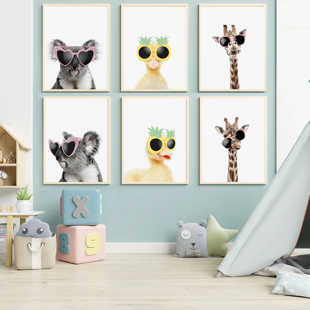 

Funny Koala Monkey Duck Giraffe Posters Canvas Painting Animal in Sunglasses Wall Art Print Nursery Pictures For Kids Room Decor