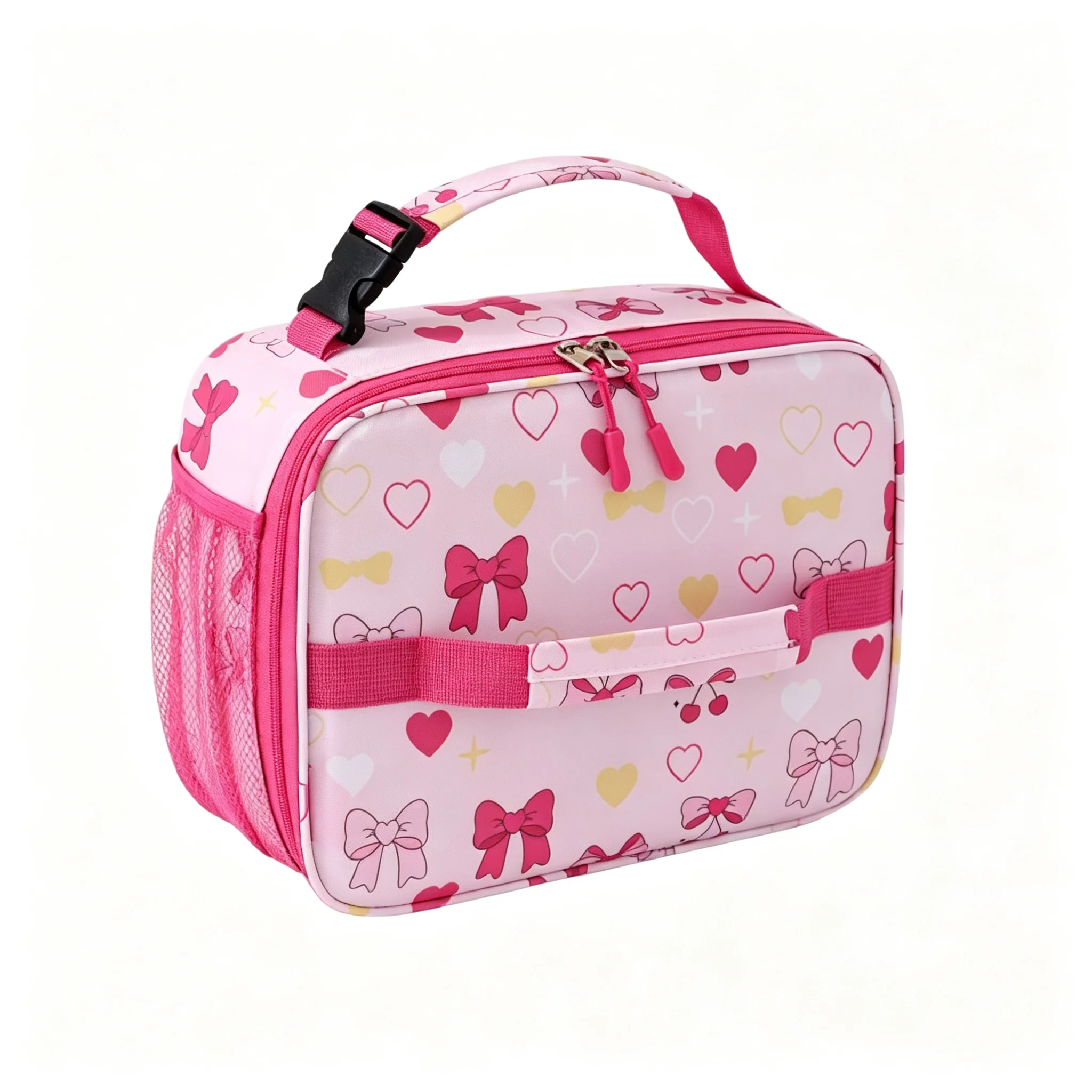 Blue Pink Red White Insulated Lunch Bag Bow Car Flower Cute Cartoon Reusable Lunch Box Tote Cooler Mesh Pocket For School Kids