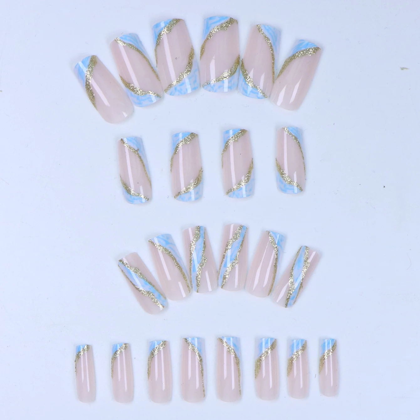 24PCS Medium Square Marble Fake Nail Design With Glossy Gold Glitter Nail Coffin Acrylic Nail White Blue Whirlpool Women'S Nail