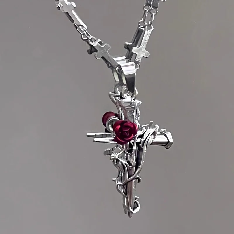 Y2K-collar gótico con forma de cruz de rosa para parejas, dijes de aleación, espada cruzada de espina, colgantes, Gargantilla Punk negra, collares, regalos de joyería
