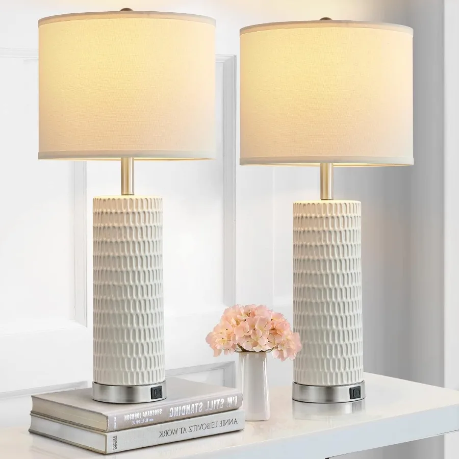 26.5 "مجموعة مصابيح طاولة سيراميك مكونة من 2 3 طرق عكس الضوء مصباح طاولة للتحكم باللمس مع 2 منافذ شحن USB لغرفة النوم وغرفة المعيشة