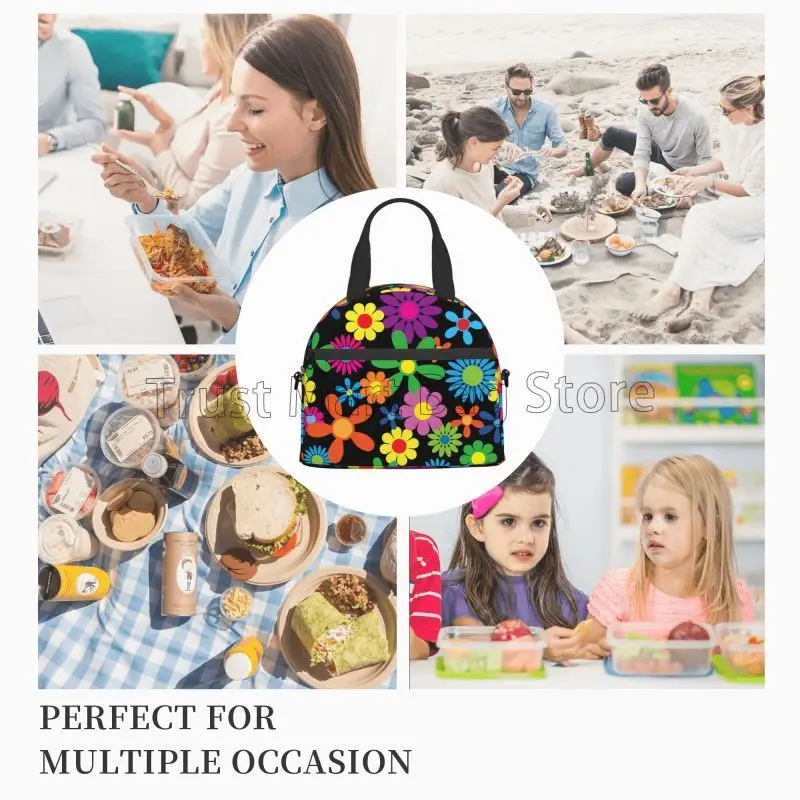 Hippie Flower Insulated Lunch Bag with Adjustable Shoulder Strap Resuable Cooler Thermal Lunch Tote Bag for Travel Work Picnic