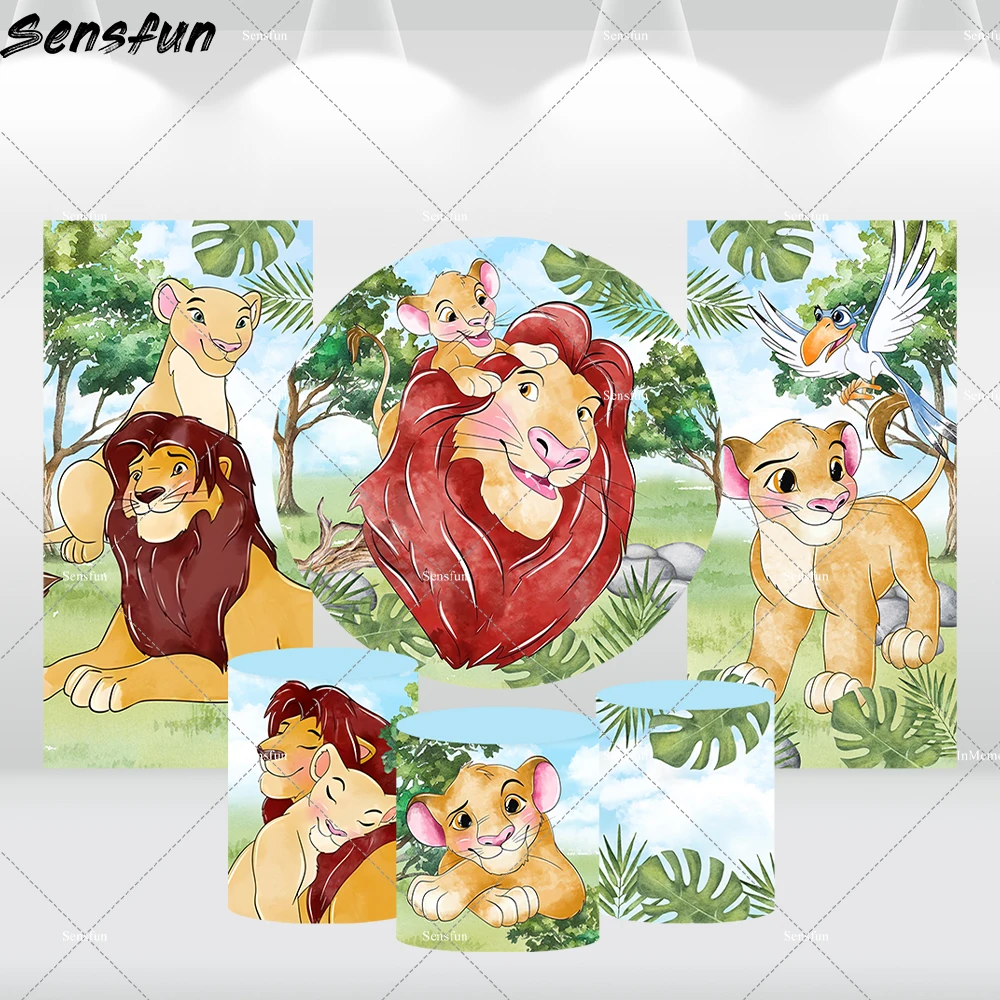 

Safari Party Banner Cartoon Lion King Round Backdrop for Boy Birthday Decoration Nala Arch Cover Simba Baby Shower Background