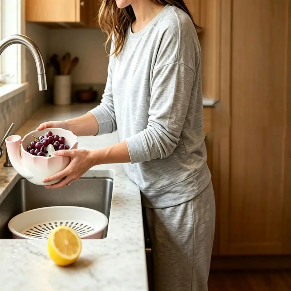 Kitchen Prep Basin with Spout Vegetable Washing Basin Ceramic Berry Washing Bowl with Drainage Holes Capacity for Strawberries