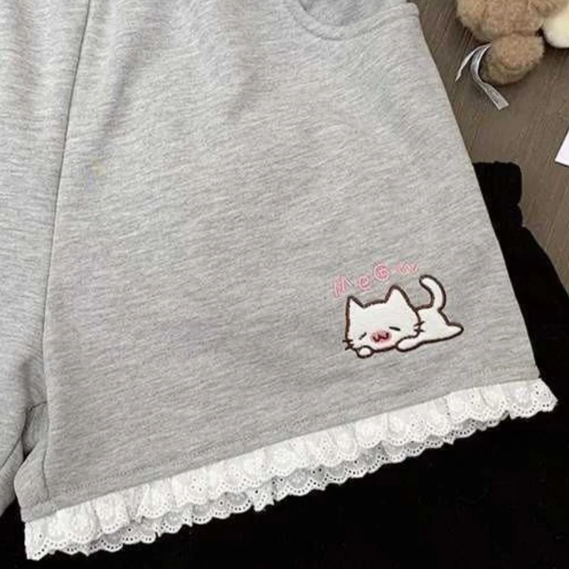 Pantaloncini sportivi a vita alta alla moda Pantaloncini corti a gamba larga con ricamo gatto carino Y2K Abbigliamento femminile casual estetico 2025 Estate Nuovo