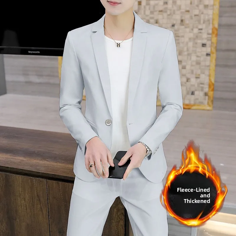 

Мужской утепленный костюм-двойка с флисовой подкладкой, повседневный, приталенный, в корейском стиле, модный, осенне-зимний