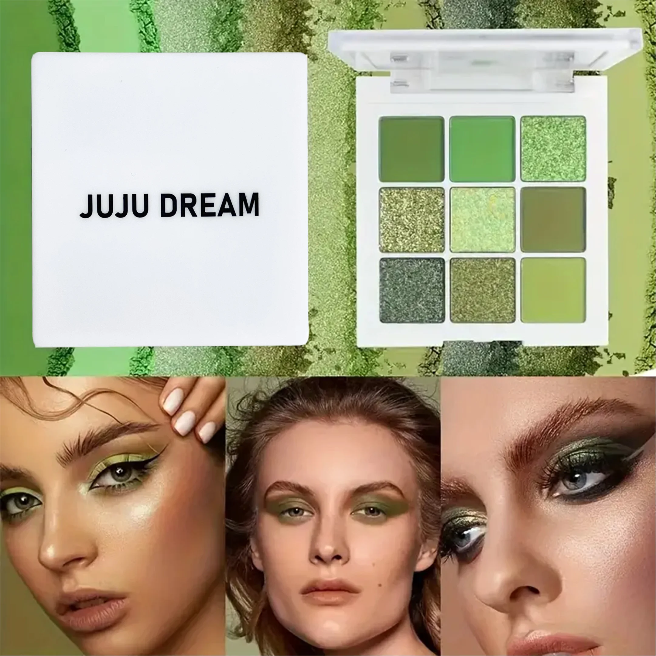 9-18 color eyeshadow palette, green and gold tones, matte and glitter effects, high color sequin eye makeup, waterproof and long