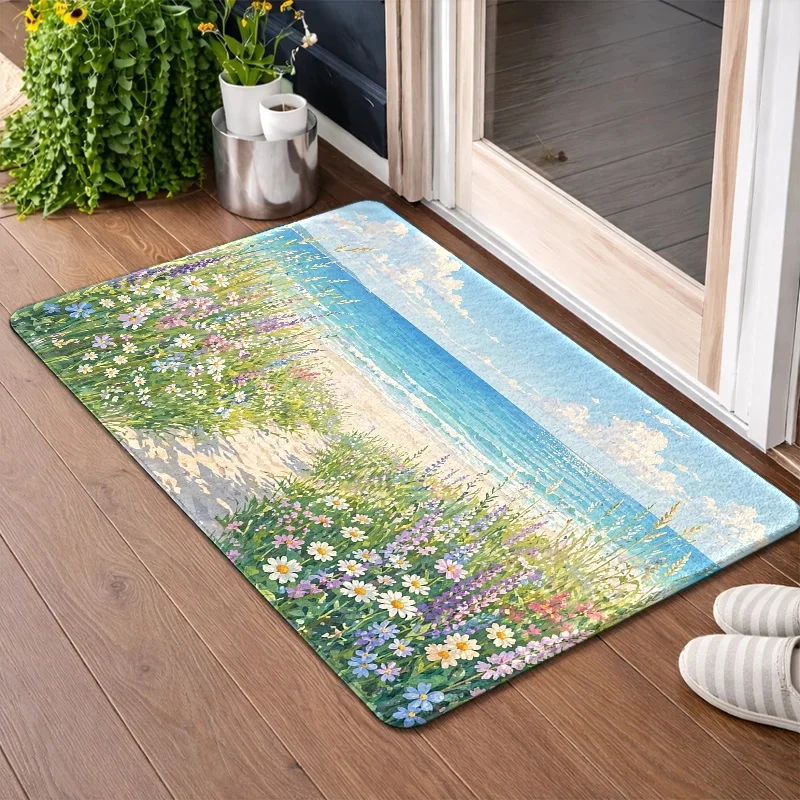 Bright Seaside Wildflower Welcome Doormat Oil Painting Non Slip Rug Farmhouse Entryway Decor Mat