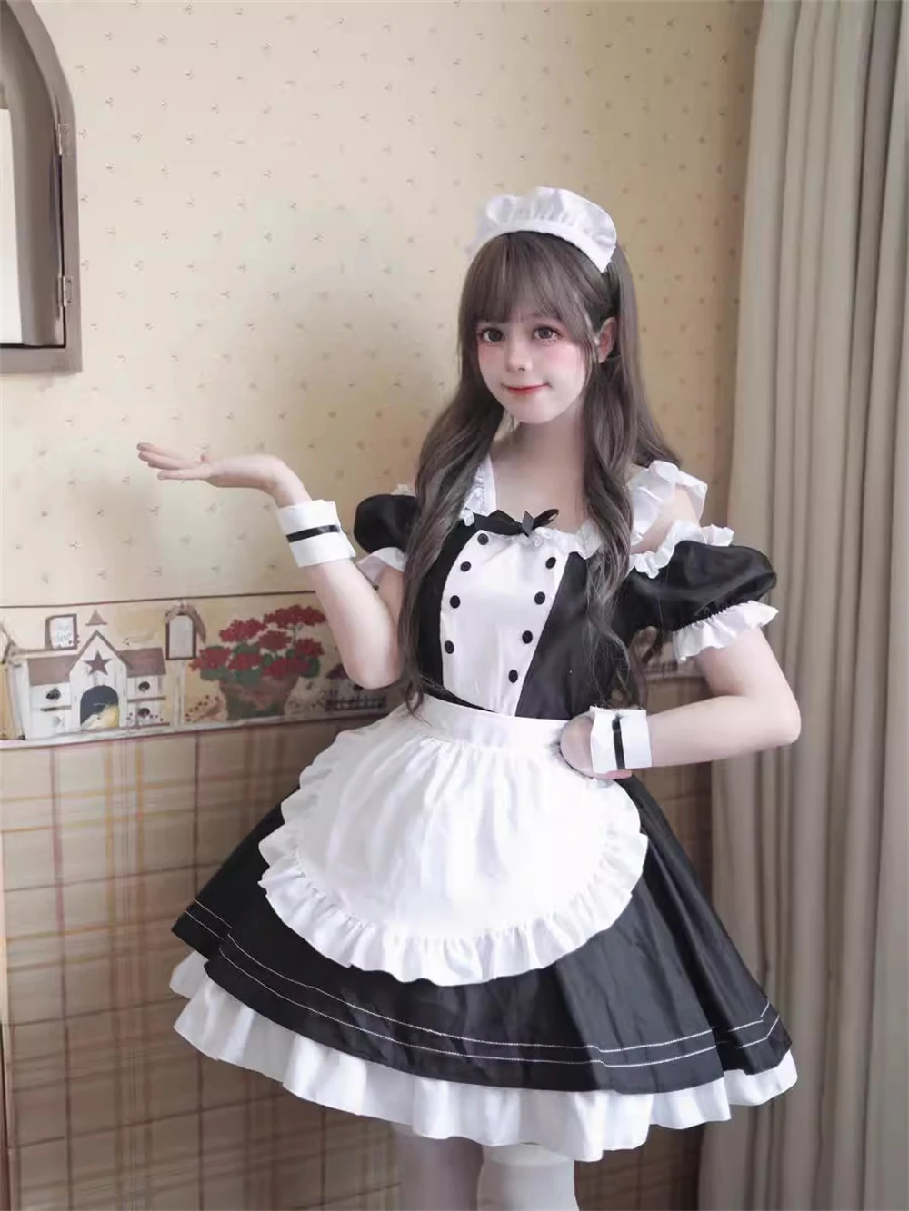 

Cute Anime Lolita Cat Maid Dress Uniform Suit Restaurant Waitress Role-playing Outfits Sweet Black Off Shoulder Cosplay Costume