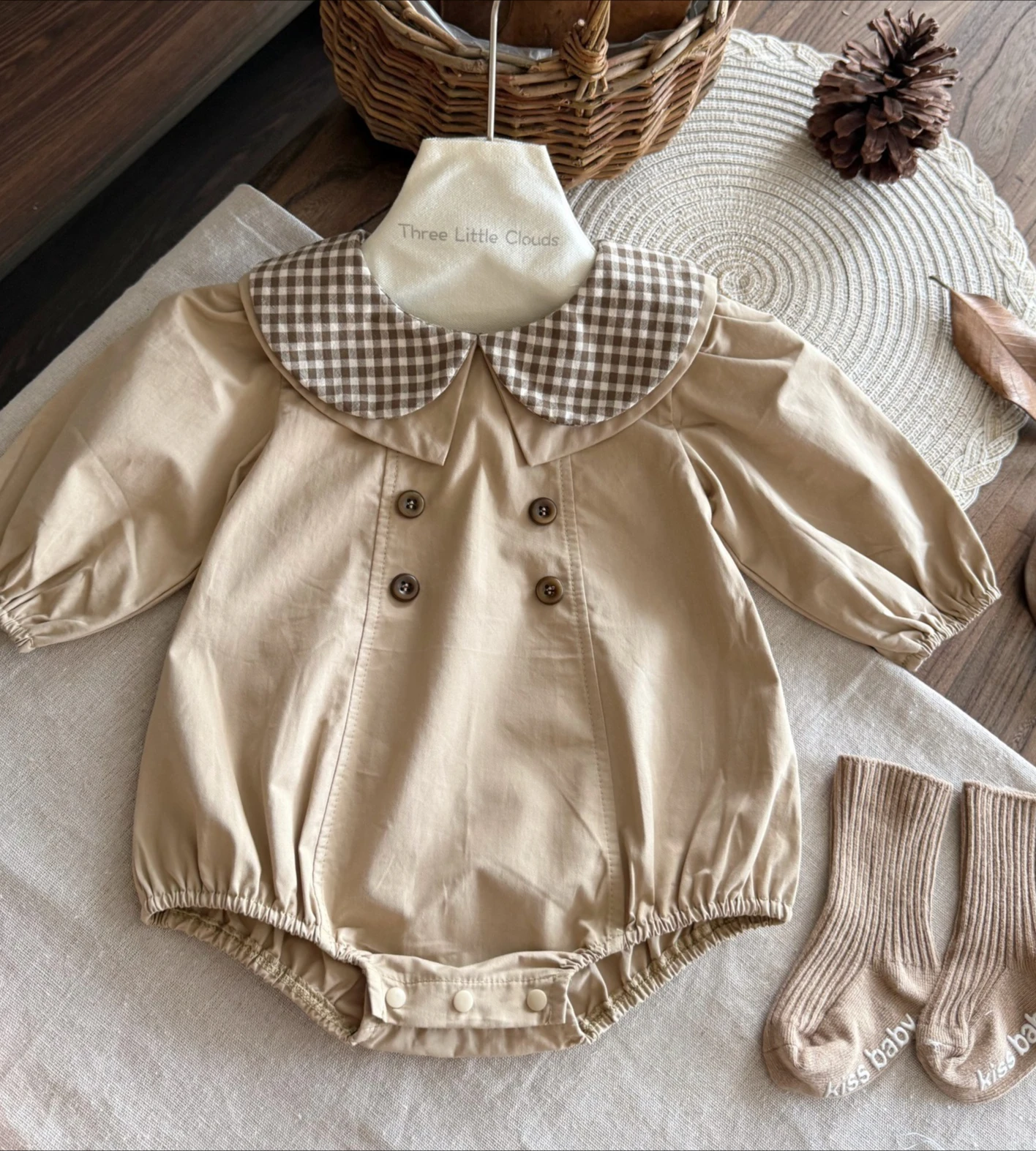 Baby Spring and Autumn Girls Baby Retro Peter Pan Collar Korean Fashionable Checkered Rompers Bag Fart Clothes