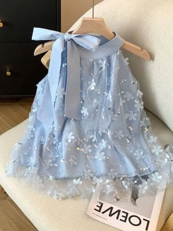 

Summer Women's Neck Hanging Mesh Vest Bright Sequin Flower Knot Doll Shirt Sleeveless Thin Polyester Fiber round Neck