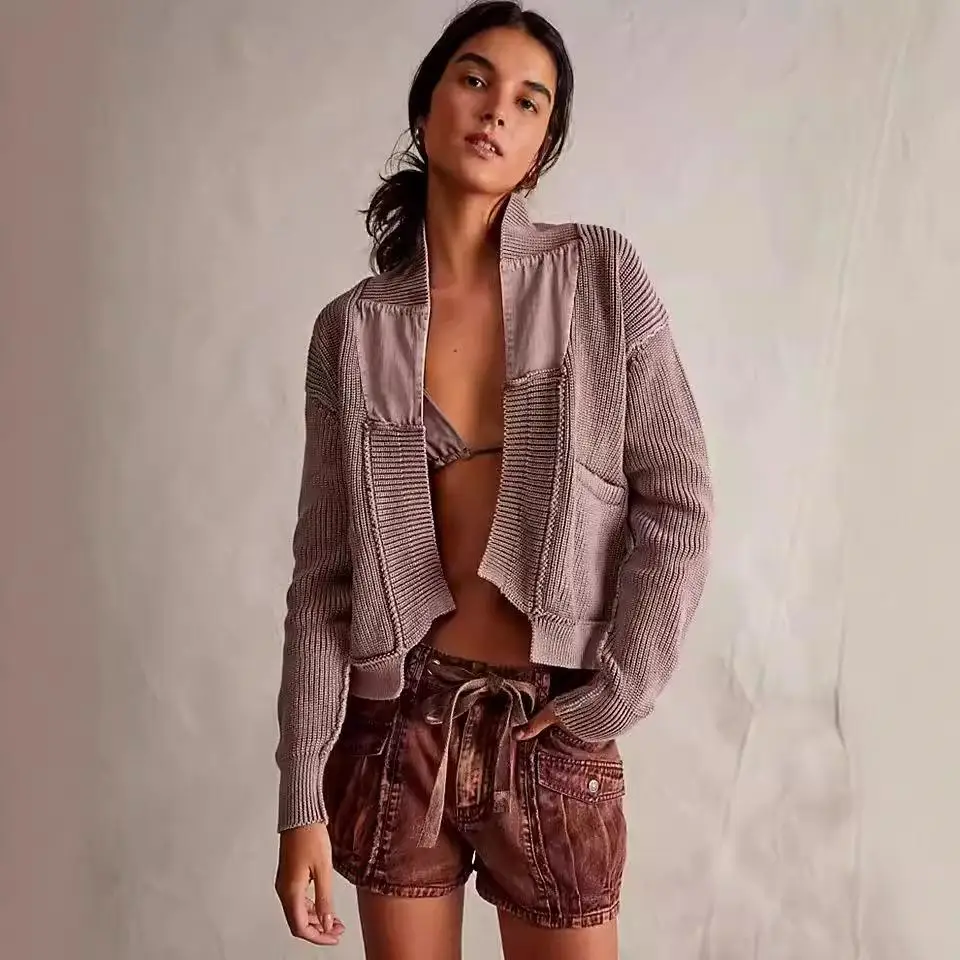 

Women's Knitted Open Front Jaet Patchwork Outerwear Thiened 3D Effect PU Material Cleanfit Sle Independent Station Hot ...