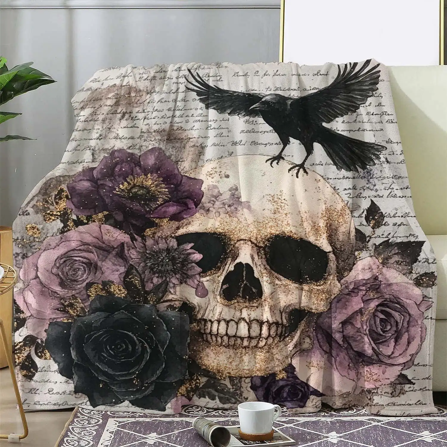 Vintage Gothic Skull and Roses Flannel Throw Blanket Soft Cozy All-Season Knit Blanket for Sofa Bed Office Camping Travel