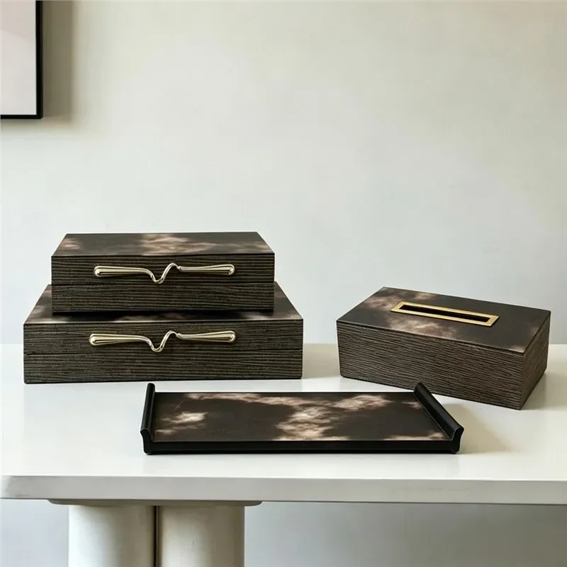 Retro Luxury Cloud Fog Art Decorative Box Solid Wood Leather Desktop Storage Tray Rectangular Tissue Holder Home Ornament