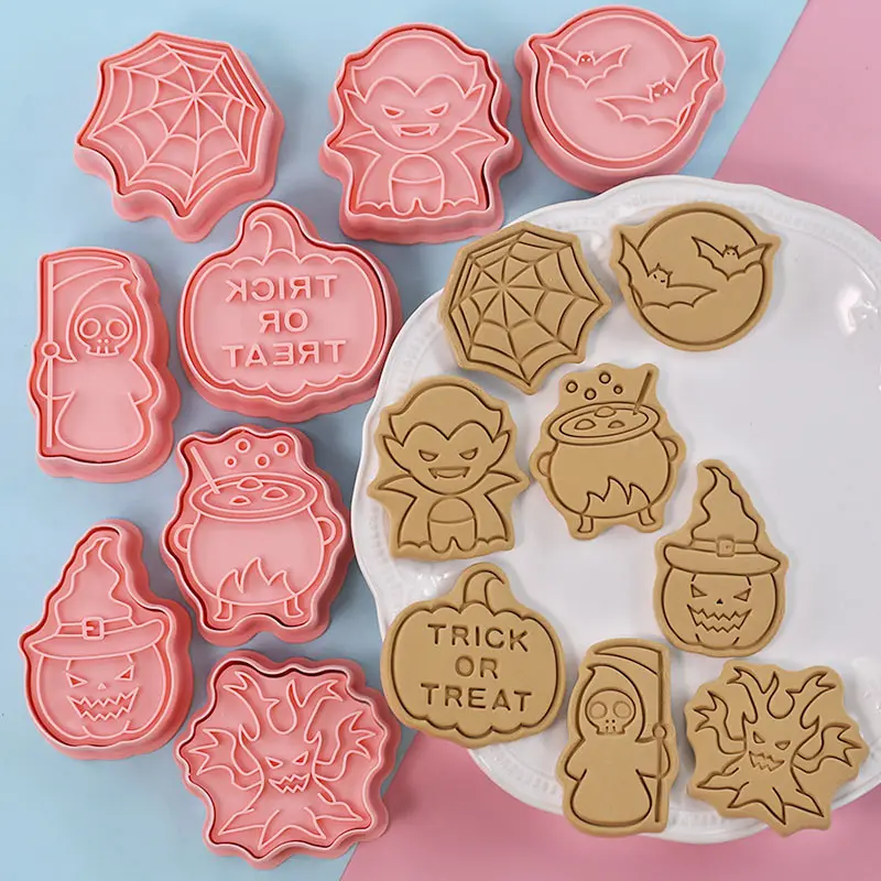 8Pcs Halloween Biscuit Molds, Spider Web Grim Reaper Vampire Bat Cauldron Pumpkin Cookie Cutter Stamp