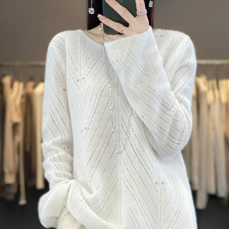 

100% wool hollowed out women's O-neck sweater casual knit new 2023 full sleeved hollowed out women's pullover cashmere sweater