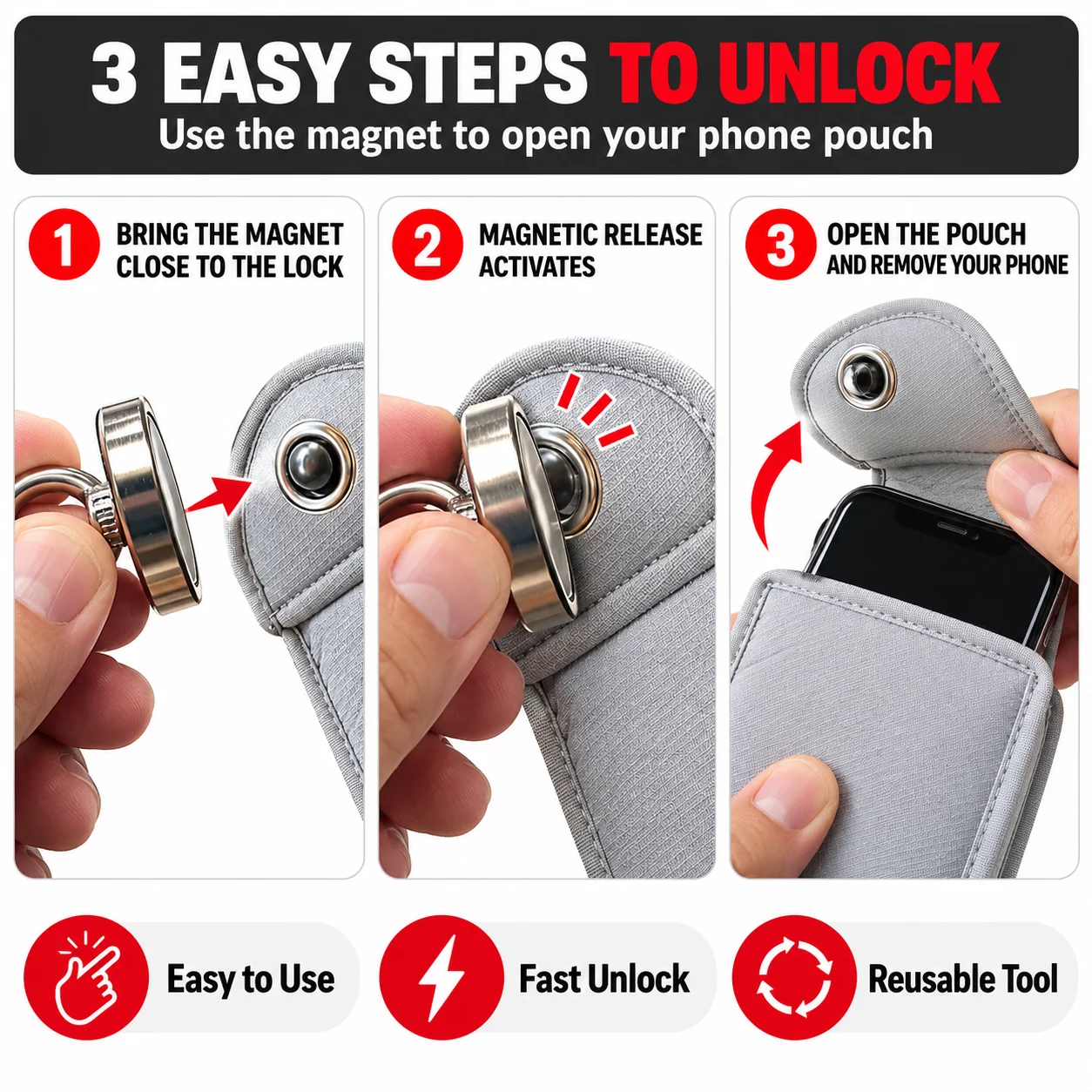 Strong Magnetic Unlocking Key for Phone Lock Pouches, Portable Reusable Magnet Release Tool for Student Cell Phone Storage Bags
