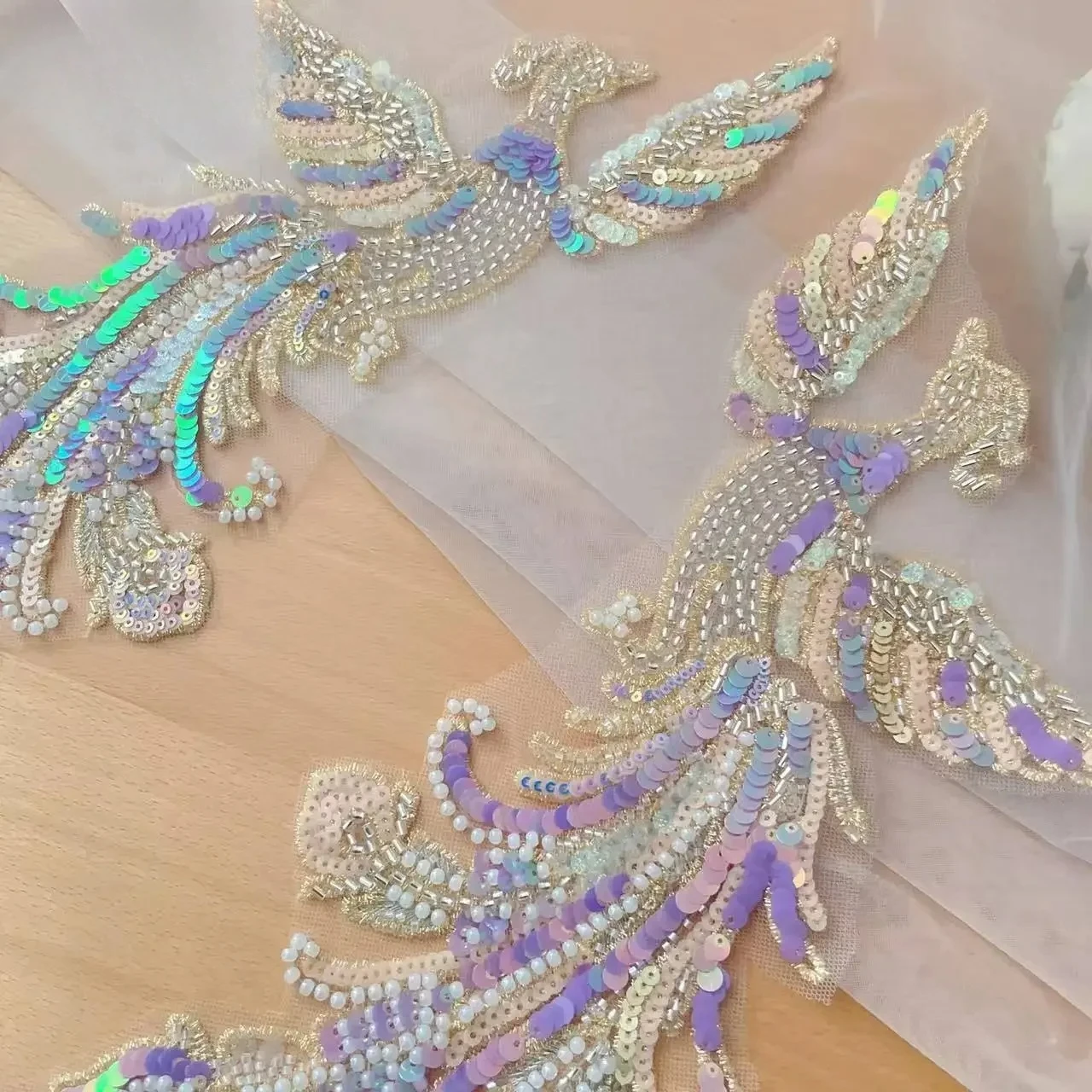 

40*18CM.Beaded Sequins Mirror Phoenix Colorful Purple Children's Clothing Decoration, DIY Sewing Accessories. Handmade Jewelry