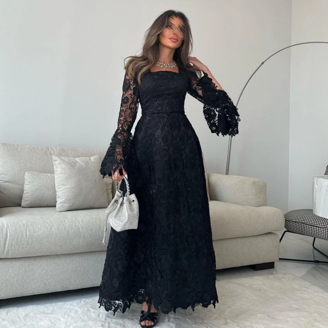 

Lovestory Full Lace A Line Prom Dresses Square Neck Long Sleeves Evening Party Dress Saudi Arabia Ladies Wear Special Banquet