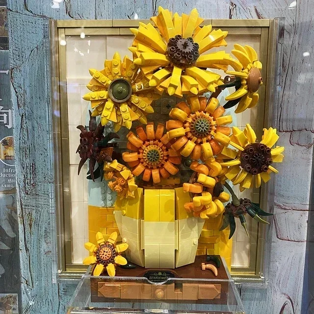 Van Gogh Sunflower Photo Frame with Light Building Blocks Classic Art Picture Model Bricks MOC Toys for Children Gifts Home Deco