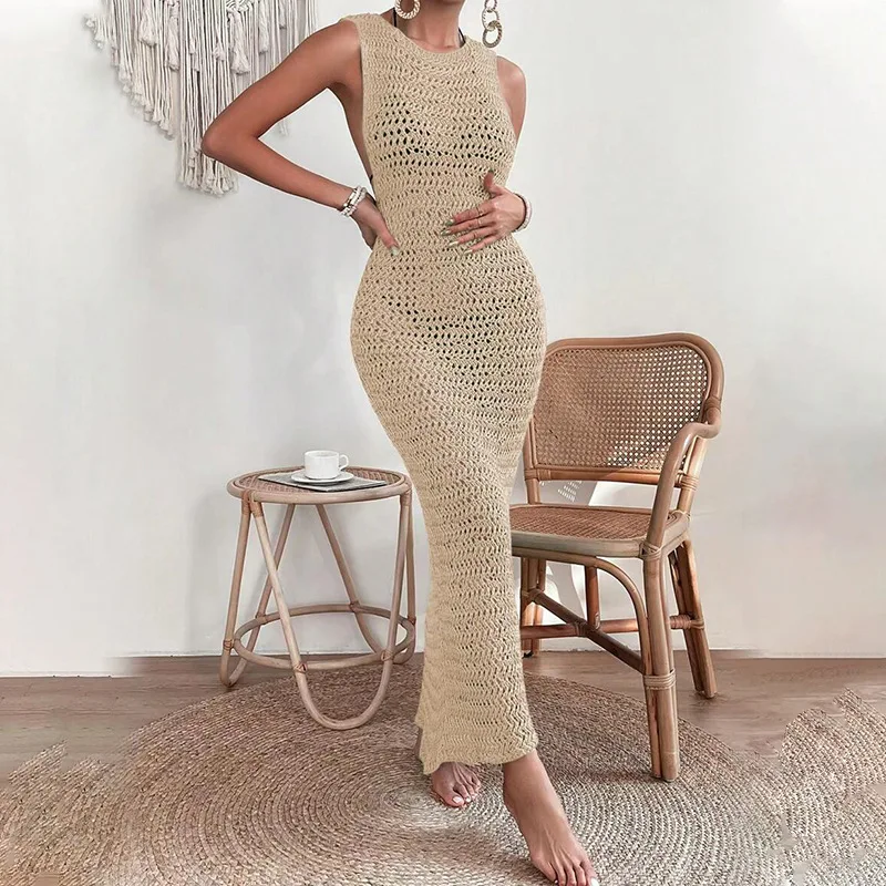 Women\'s Dresses Knitted Hollow Out Sleeveless Backless Long Dress Solid Sexy Fashion Elegant  Seaside Beach Summer Holiday 2024