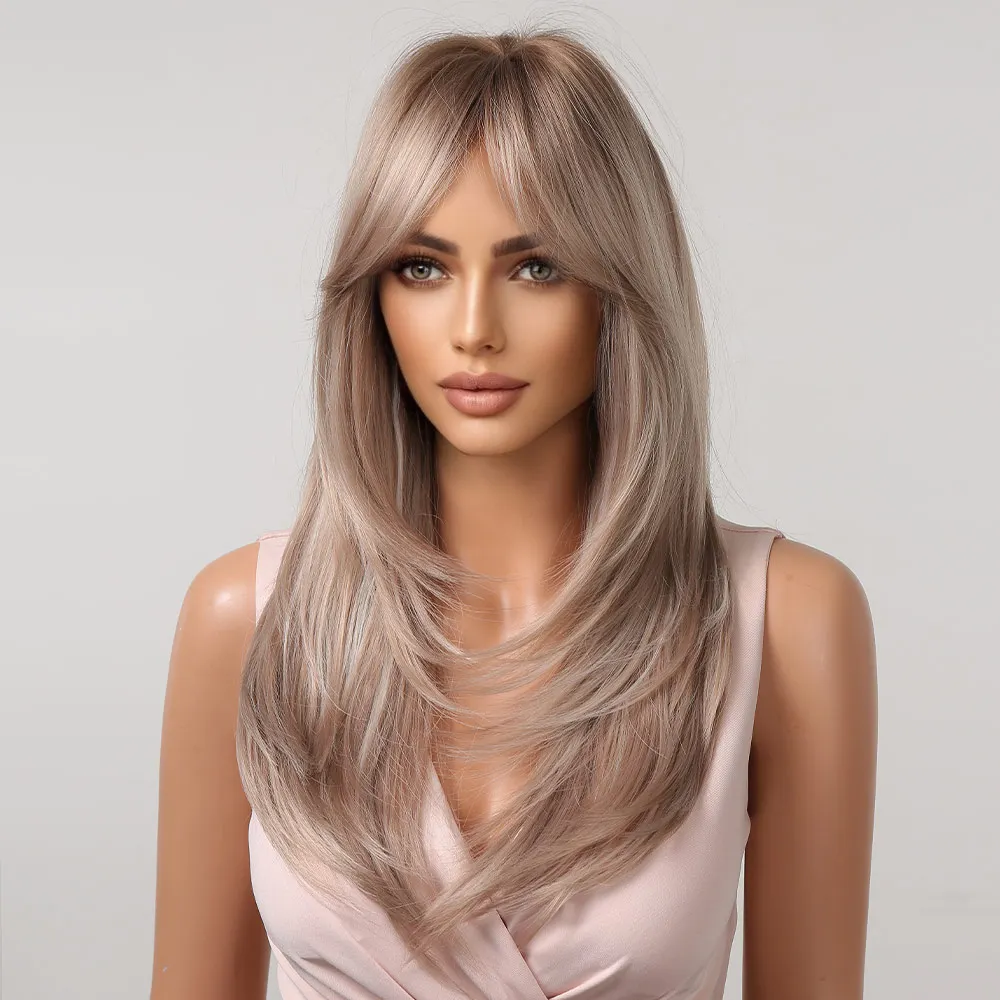 GEMMA Ombre Brown Blonde Long Straight Synthetic Wigs with Bangs Grey Highlight Cosplay Wig for Women Natural Fake Hair