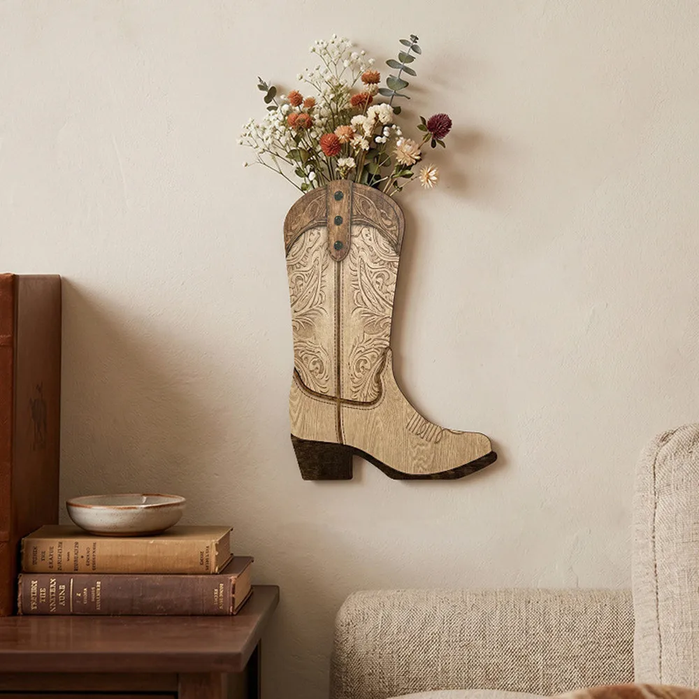Vintage Wooden Cowboy Boot Wall Vase, Carved Pattern Wall Mounted Flower Holder, Western Farmhouse Wall Art Home Decor