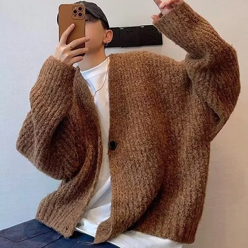 

Новый осенне-зимний мужской однотонный кардиган, свитер, трикотаж, вязаный кардиган на пуговицах, мужской винтажный свитер, уличная одежда в стиле хип-хоп