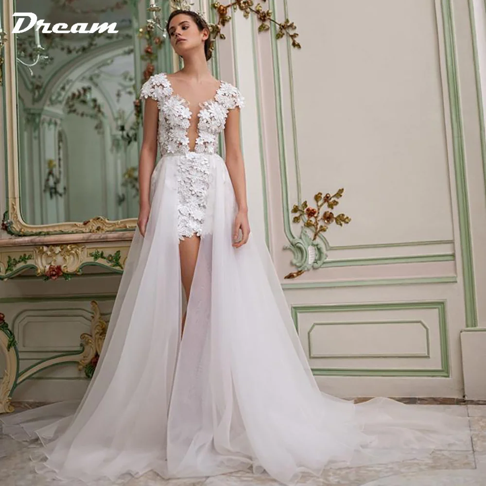 Sonho-Mini vestido de casamento com trem destacável, decote em v, sem costas, mangas, alta baixa, vestido de noiva, curto, flores, renda, acima do joelho, 3D