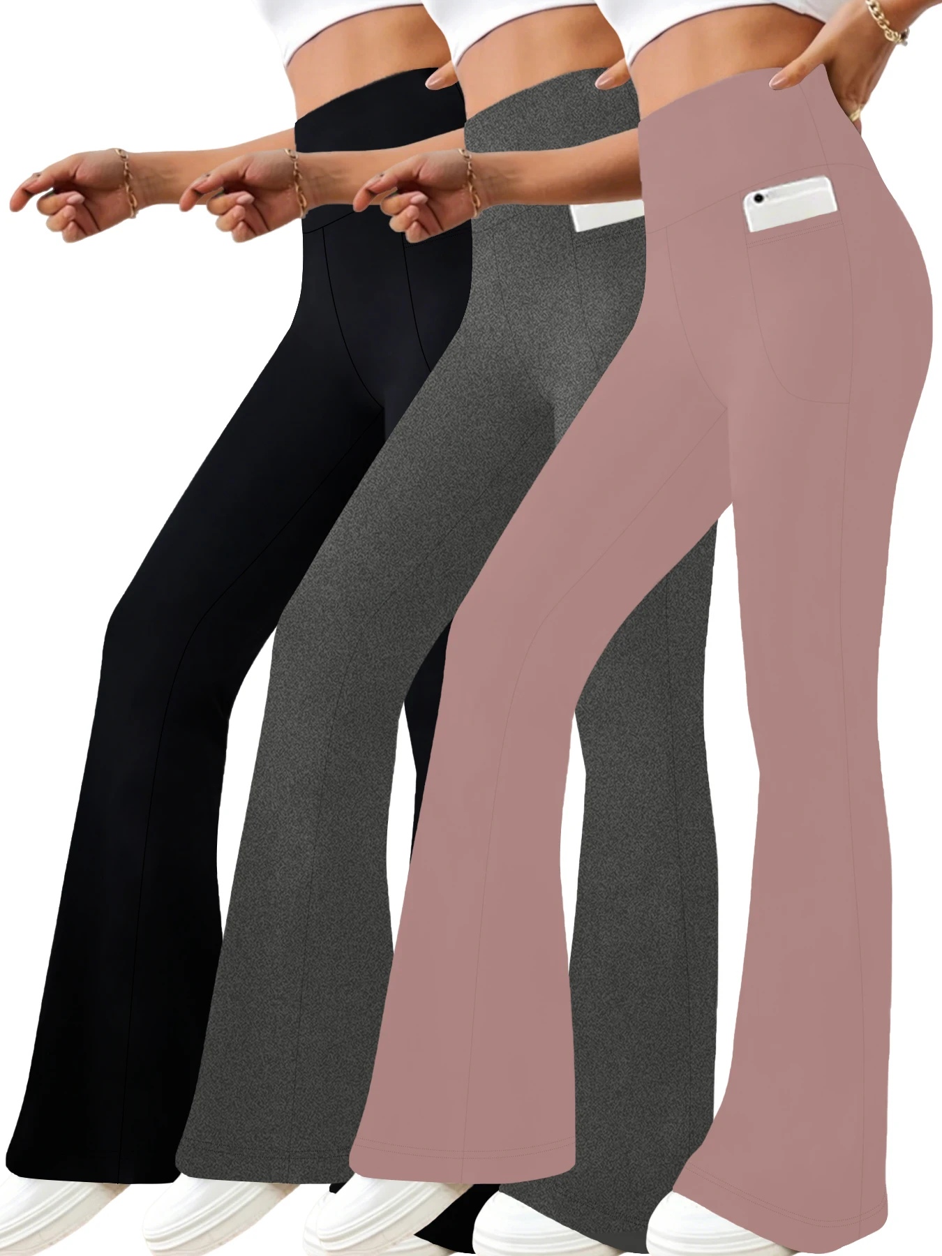 

3 pack High Waisted Flare Pants for Women Super Soft with Pockets Tummy Control No See Through Yoga running,Home Casual