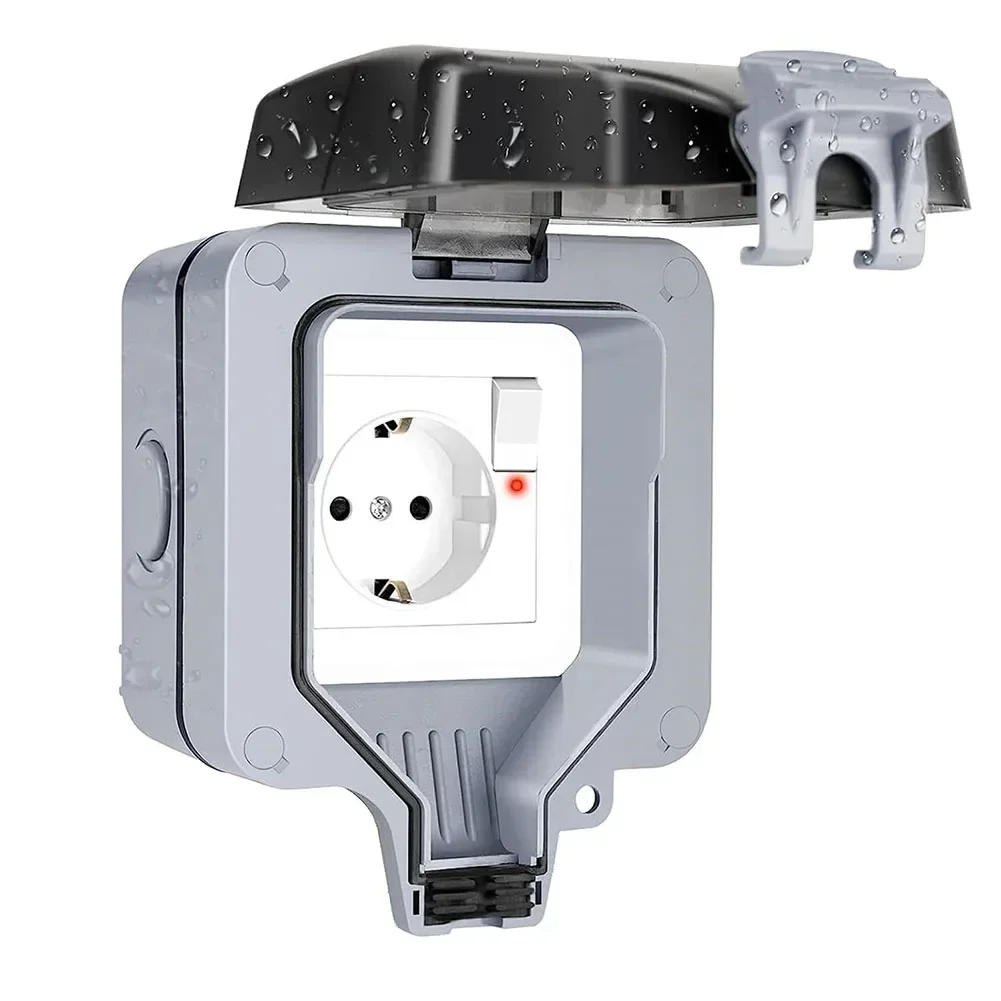 

Outdoor Waterproof Socket With Switch Indicator Light 1-Way Wall Socket AC250V 16A 57mm Horizontally/95mm Vertically