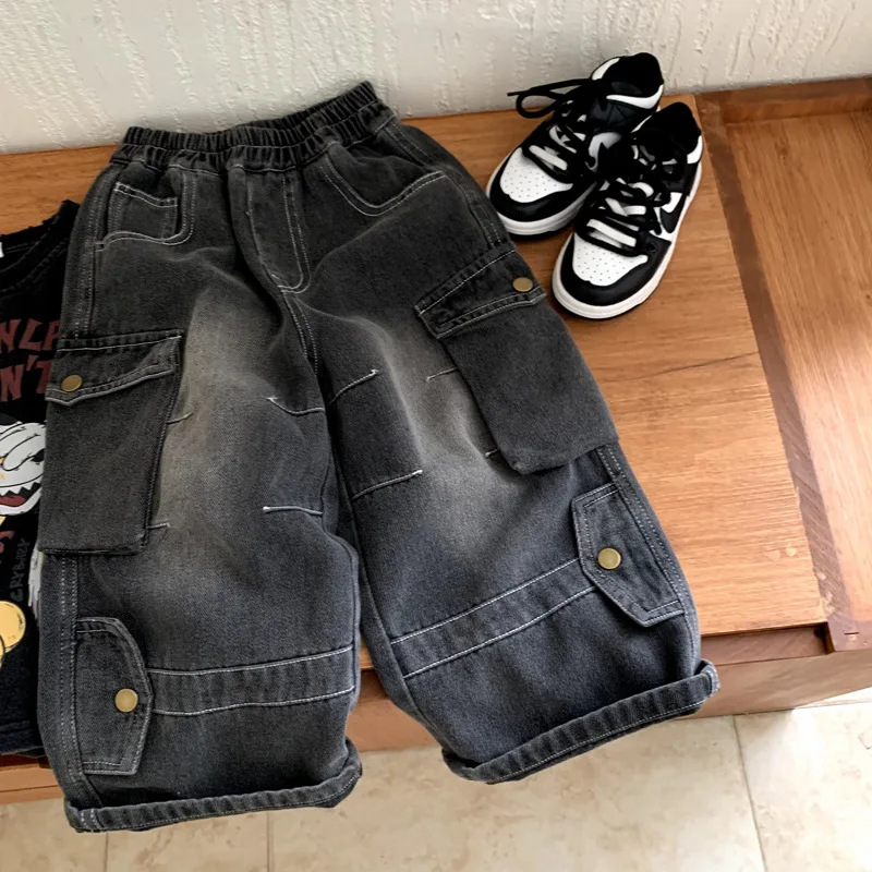 

Boys Denim Pants 2025 Spring Autumn Korean Style Fashion Trendy Cool Black Versatile Straight-Leg Workwear Pants