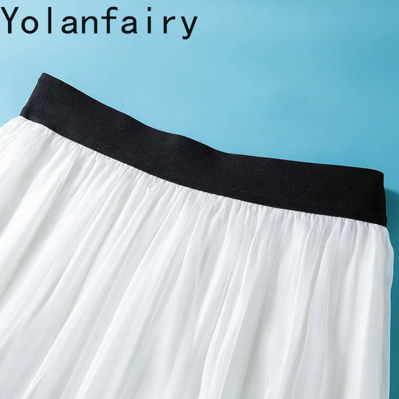 YOLANFAIRY Pure Mulberry Silk Skirts for Women Summer Gentle Elegant White Skirt Woman Clothing 2026 Large Swing Skirts Female