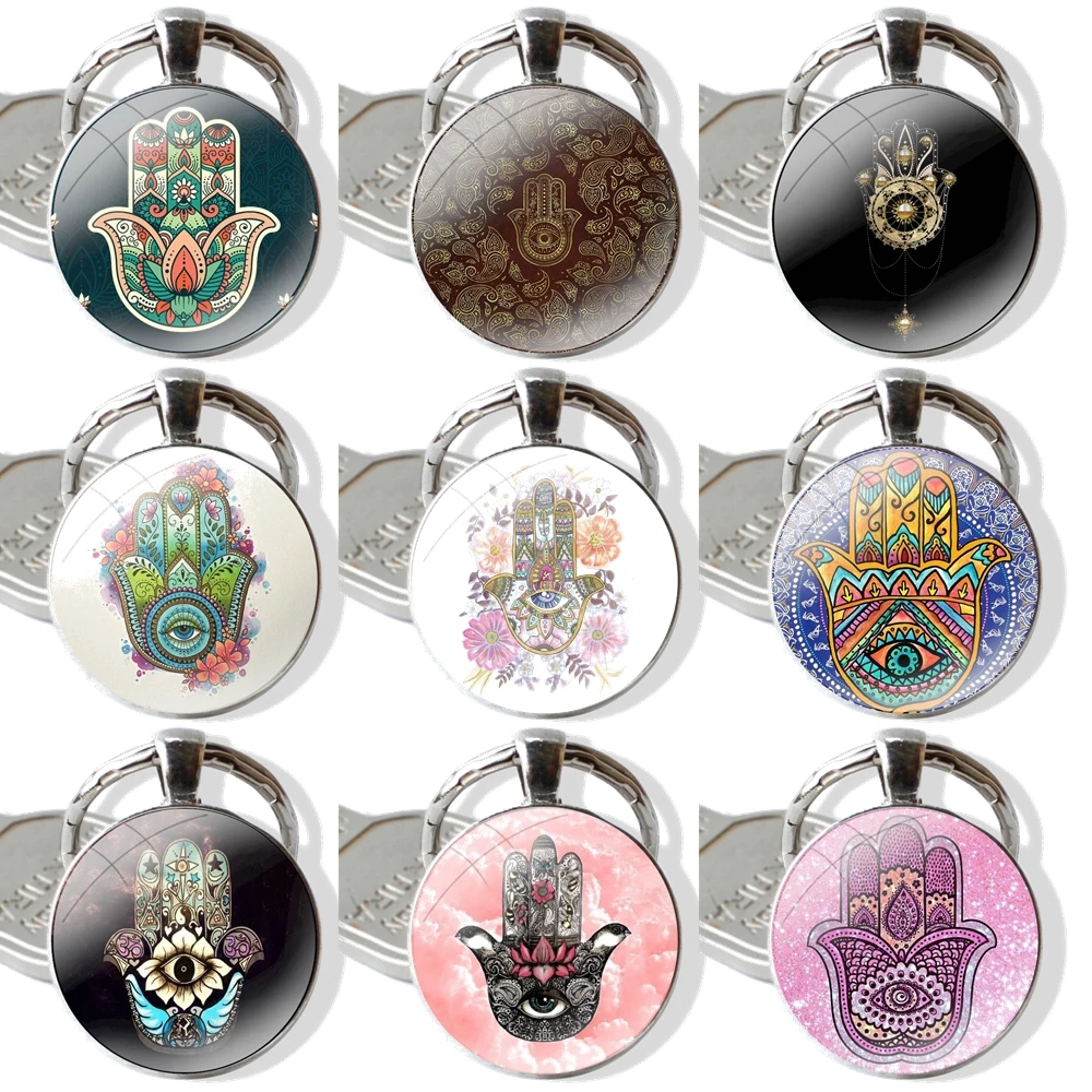 Keychain Handmade Glass Cabochon Key Ring Holder Pendant Key Chains Hamsa Hand of Fatima