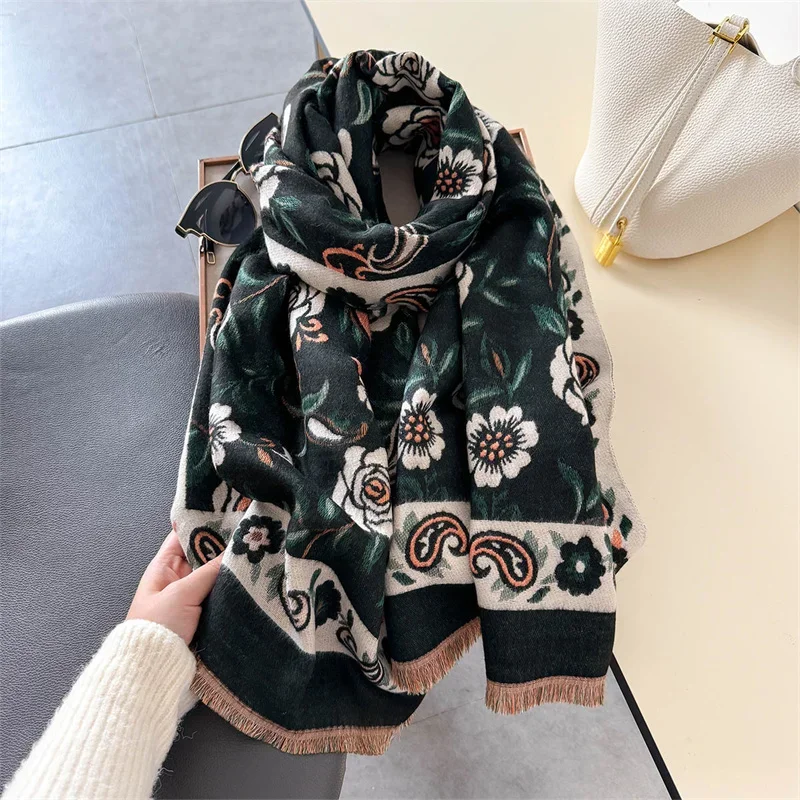 2024 Cashmere Scarf for Women Winter Bufanda Floral Design Thick Shawl Wraps Warm Female Blanket Stoles Echarpe Femme Pashmina