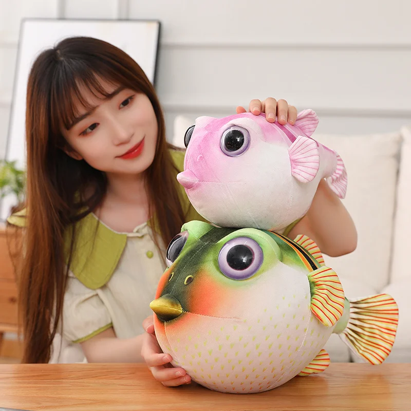 

25-45cm New Simulation Pufferfish Plush Toy Lifelike Large-Eyed Pufferfish Doll Cartoon Green & Pink Pufferfish Animal Plushie