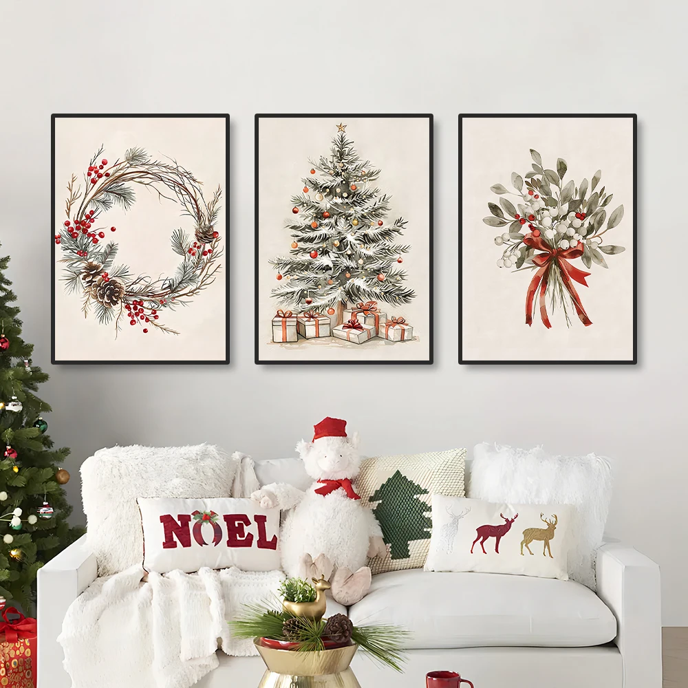 

Vintage winter Christmas wreath print, Christmas tree print, red bow holiday decor,Christmas poster, red Christmas bow wall art