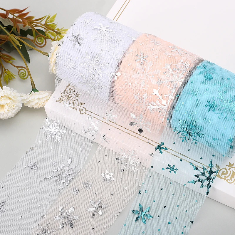 25yards 6cm Flash Printing Silver Snowflake Tulle Ribbon Roll Handmade Hairpin Bow Birthday Party Decoration DIY Process