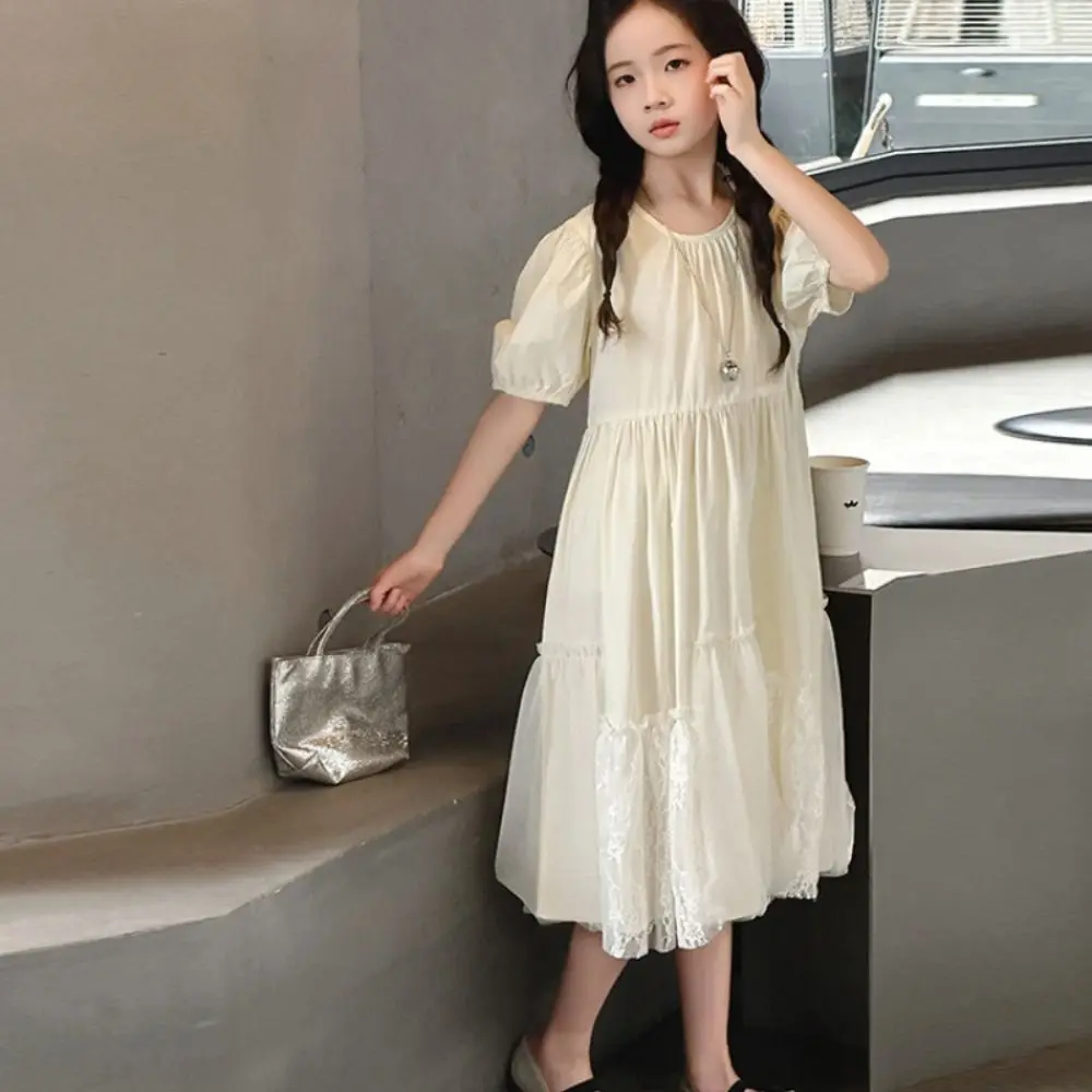 

Sweet Loose Girls Puff Sleeve Dress Pleated Teenagers Summer Kids Dresses Beach Vacation Lace Children Princess Dress Students