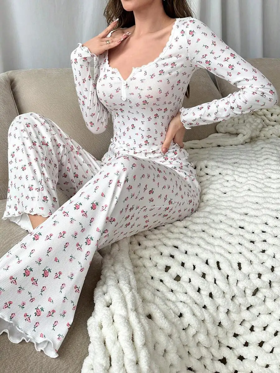 Women\'s Pajama Set Lace Buttons Trims Sleepwear Slim Long-sleeved Trousers Floral Print Stylish sexy Loungewear Nightwear Pyjama