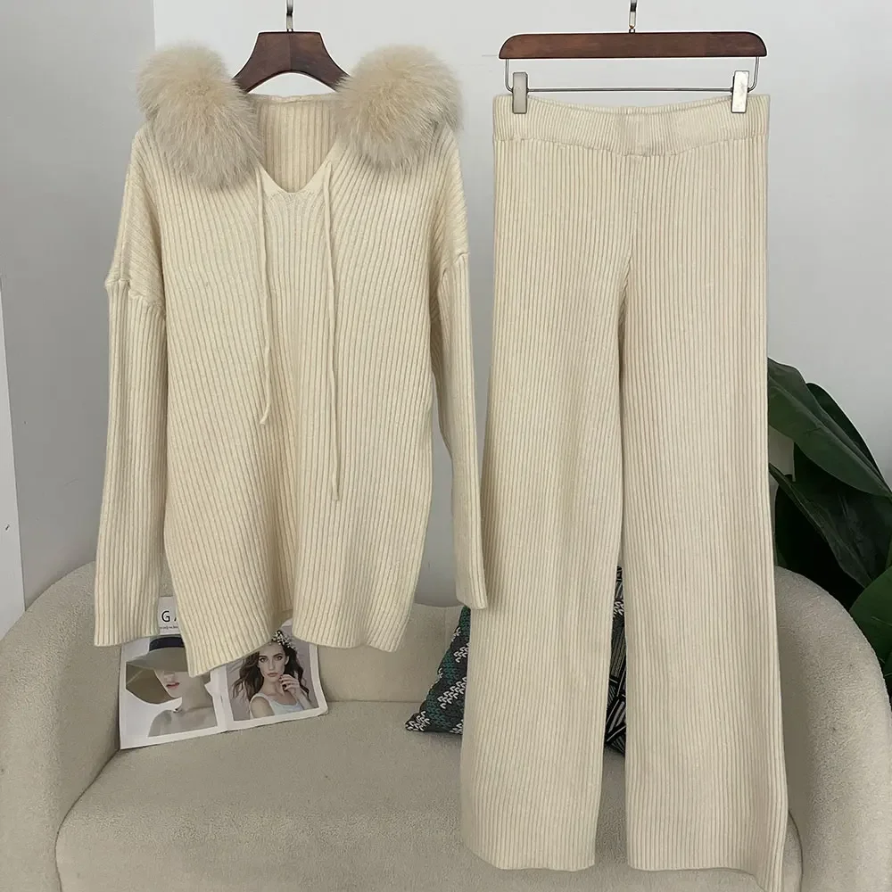 OFTBUY suéter de punto para mujer conjunto de punto primavera otoño suéter de piel de zorro Real moda puños de piel Natural pantalones largos traje de punto