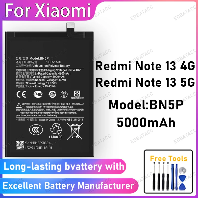 100% New 5000mAh BN5P Battery For Xiaomi Redmi Note 13 4G/Note 13 5G Battery Replacement Bateria+Free Tools